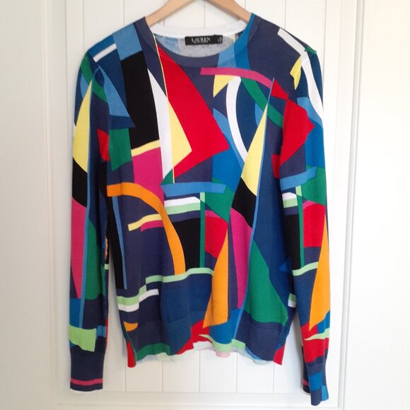 LRL Geometric Multi-Color Crewneck Sweater Cotton Viscose Blue Green Red Size L - Picture 12 of 12